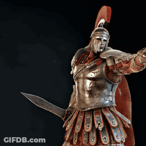 A Statue Of A Roman Soldier Is Holding A Sword And Shield GIF