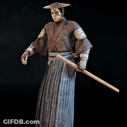 A Statue Of A Samurai With A Sword And A Hat GIF