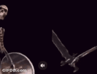 A Statue Of A Skeleton Holding A Shield With A Black Background GIF