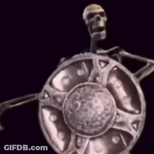 A Statue Of A Skeleton Holding A Shield With A Black Background GIF