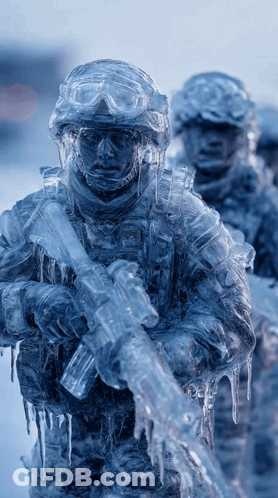 A Statue Of A Soldier Covered In Ice Is Holding A Gun GIF
