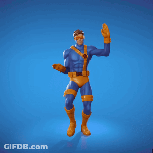 A Statue Of A Superhero With His Arms In The Air On A Blue Background GIF