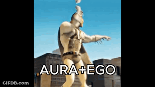 A Statue Of A Superhero With The Words Aura + Ego Written On It GIF