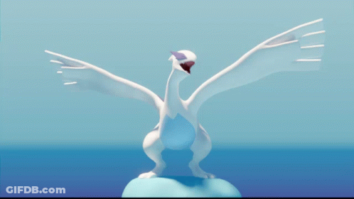 A Statue Of A White Bird With Purple Wings Is Standing On A Blue Surface GIF