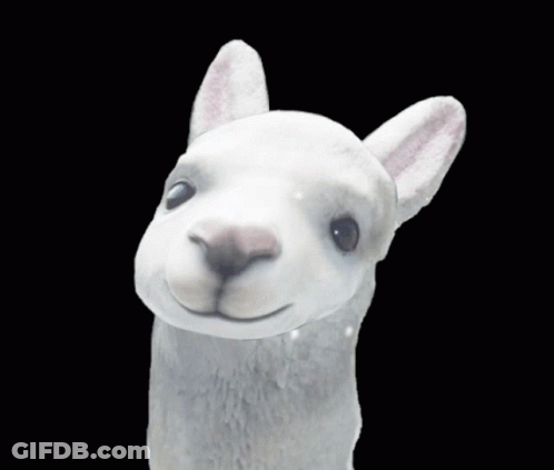 A Statue Of A White Llama Looking At The Camera GIF