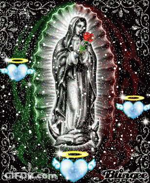 A Statue Of A Woman Holding A Rose With Hearts And Angels Around Her GIF