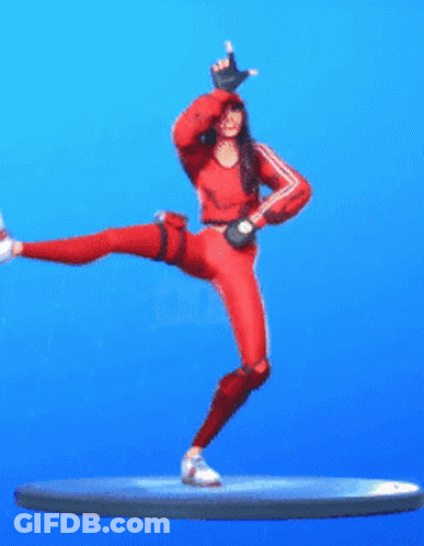 A Statue Of A Woman In A Red Outfit Is Standing On One Leg On A Blue Background . GIF