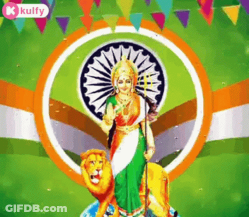 A Statue Of A Woman Sitting On Top Of A Lion With A Flag In The Background . GIF
