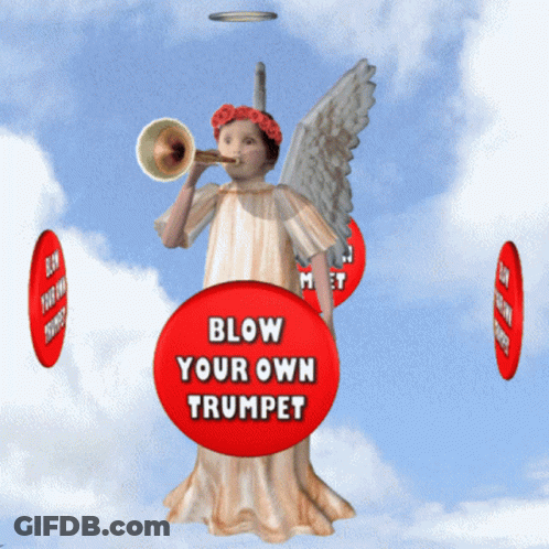 A Statue Of An Angel Blowing A Trumpet With A Red Sign That Says Blow Your Own Trumpet GIF