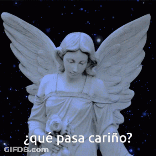 A Statue Of An Angel Holding A Rose With The Words " Qué Pasa Carino " Below Her GIF