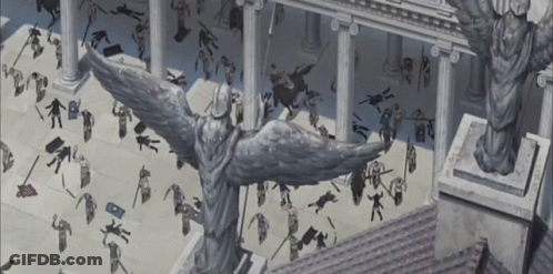 A Statue Of An Angel Is Surrounded By Soldiers GIF