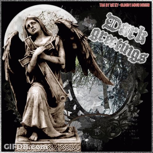 A Statue Of An Angel With The Words " Dark Greetings " On The Bottom GIF