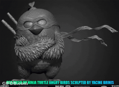 A Statue Of An Angry Bird With The Words Red Mash Up Ninja Turtle Angry Birds Sculpted By Yacine Brinis Above It GIF