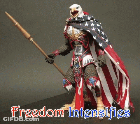 A Statue Of An Eagle With An American Flag Cape Holding A Spear With The Words Freedom Intensifies Below It GIF