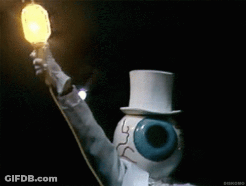A Statue Of An Eye Wearing A Top Hat Holds A Light GIF
