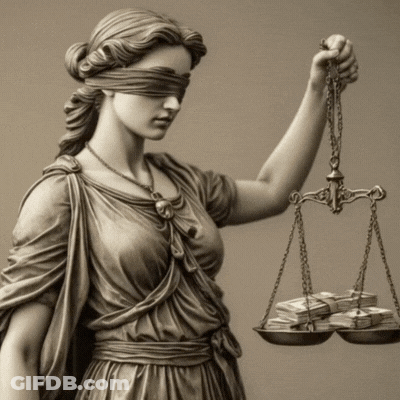 A Statue Of Blindfolded Lady Justice Is Holding A Scale GIF