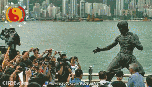 A Statue Of Bruce Lee Is Surrounded By People Taking Pictures GIF