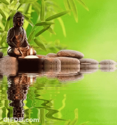 A Statue Of Buddha Is Sitting On A Rock In The Water With A Candle In His Hand . GIF