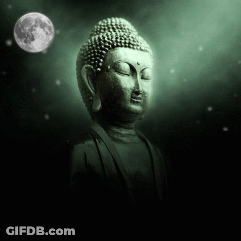 A Statue Of Buddha With A Full Moon Behind Him GIF