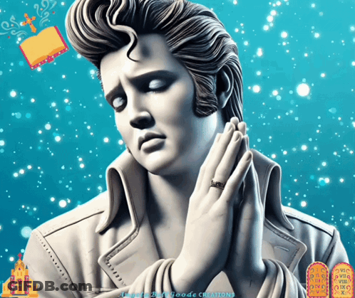 A Statue Of Elvis Presley With His Hands Folded In Prayer With A Church In The Background GIF