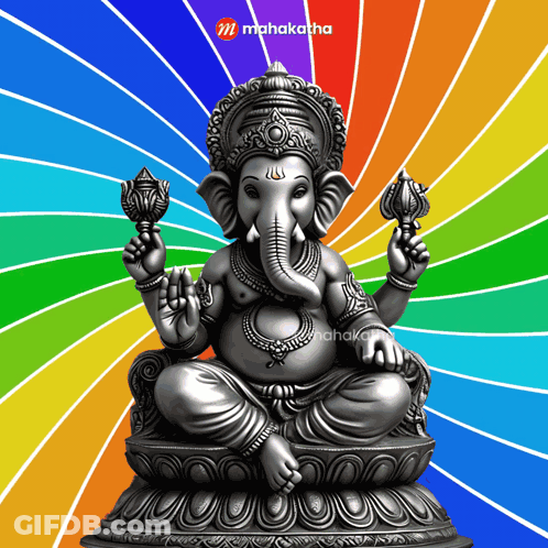 A Statue Of Ganesha Is On A Colorful Background With The Words Mahakatha On The Bottom GIF
