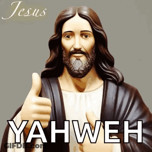 A Statue Of Jesus Giving A Thumbs Up With The Words Jesus Yahweh Below It GIF