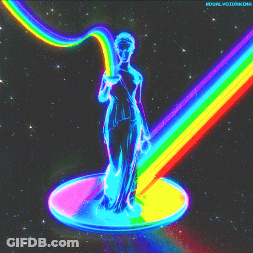 A Statue Of Justice Is Surrounded By A Rainbow And Says Dualvoidanima GIF