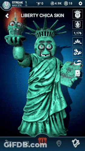 A Statue Of Liberty Is Holding A Cupcake In A Video Game GIF
