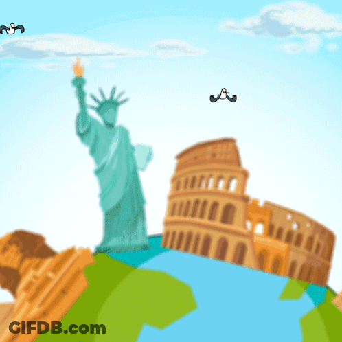 A Statue Of Liberty Sits On Top Of A Globe In Front Of The Colosseum GIF
