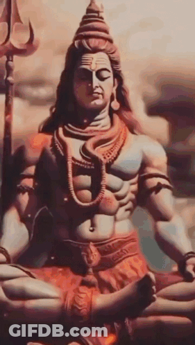 A Statue Of Lord Shiva Is Sitting In A Lotus Position With A Trident In His Hand . GIF
