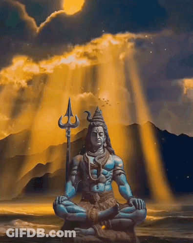 A Statue Of Lord Shiva Sitting In A Lotus Position With A Trident GIF