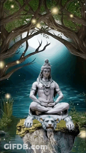 A Statue Of Shiva Sits On A Rock In The Middle Of A River GIF