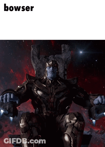 A Statue Of Thanos Is Sitting On A Throne With The Word Bowser Above Him GIF