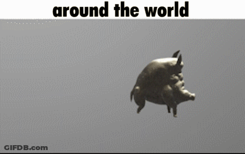A Statue Of Two Pigs Standing Next To Each Other With The Caption Around The World GIF