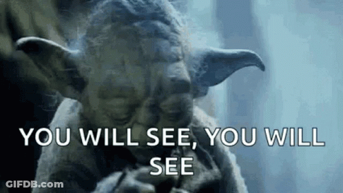 A Statue Of Yoda With The Words `` You Will See , You Will See '' Written On It GIF