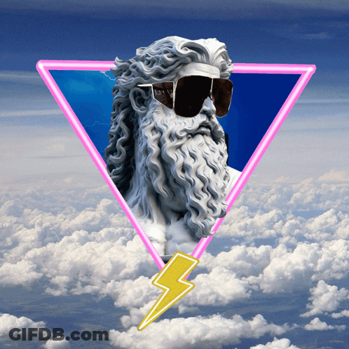 A Statue Of Zeus With Sunglasses And A Lightning Bolt In The Clouds GIF