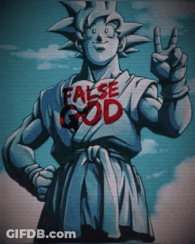 A Statue With False God Written On His Shirt GIF