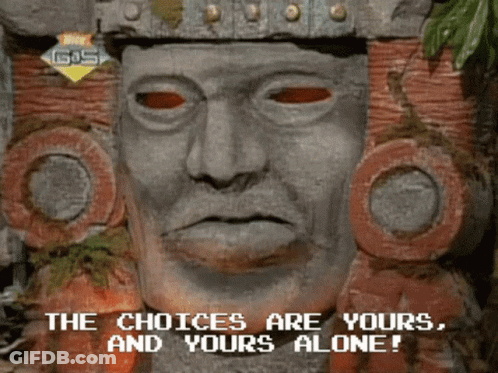 A Statue With The Words " The Choices Are Yours And Yours Alone " Above It GIF
