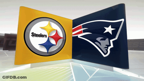 A Steelers And Patriots Logo On A Yellow And Blue Banner GIF