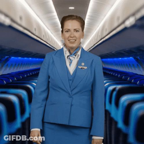 A Stewardess In A Blue Suit Is Smiling In Front Of Rows Of Blue Seats GIF