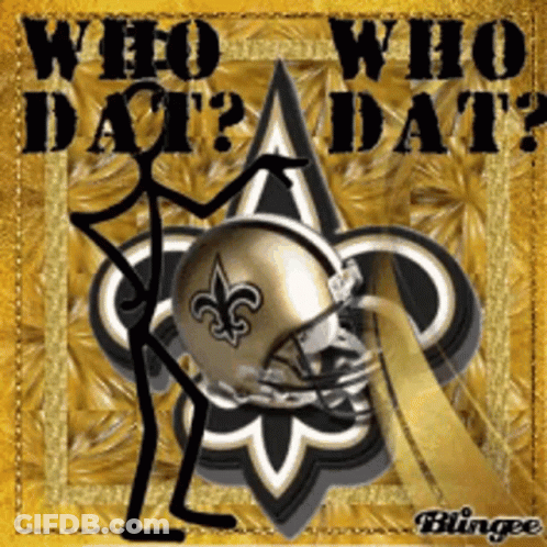 A Stick Figure Is Holding A Football Helmet With The Words " Who Who Dat " Written On It GIF
