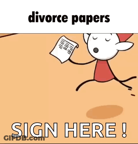 A Stick Figure Is Jumping In The Air While Holding A Piece Of Paper With The Words `` Divorce Papers Sign Here '' . GIF