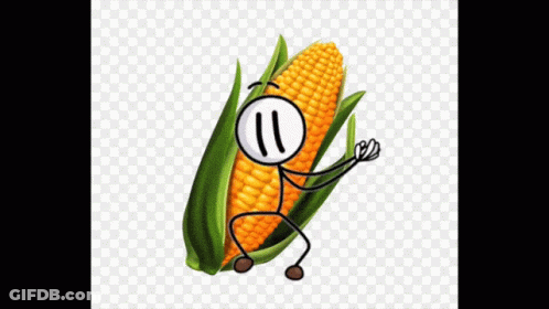 A Stick Figure Is Standing On A Corn Cob With A Face On It . GIF