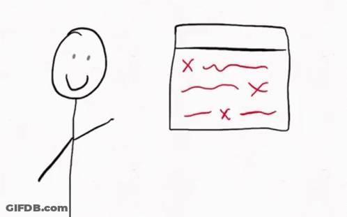 A Stick Figure With An Angry Face Is Pointing At A Piece Of Paper With Red Lines On It GIF