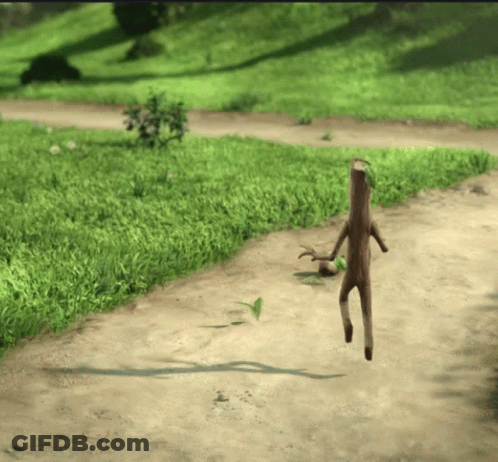 A Stick With Legs Is Walking On A Dirt Road GIF