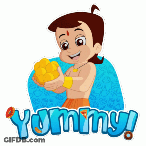 A Sticker Of A Boy Holding A Bunch Of Food And The Word Yummy Below Him GIF