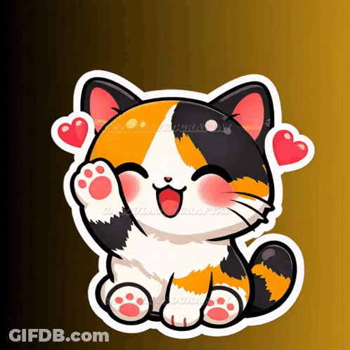 A Sticker Of A Calico Cat With Its Paw Up GIF