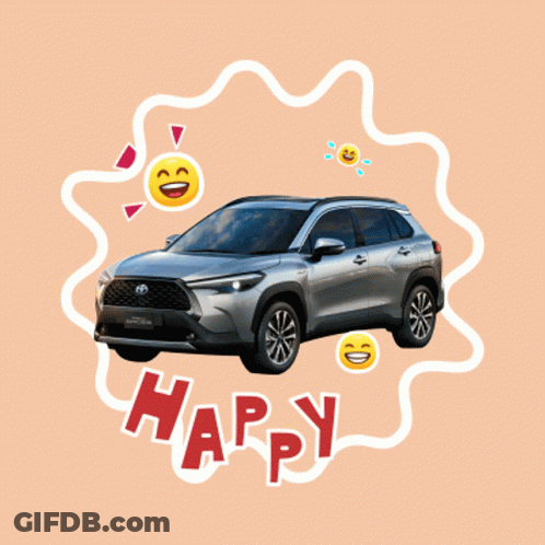 A Sticker Of A Car With Smiley Faces And The Word Happy GIF