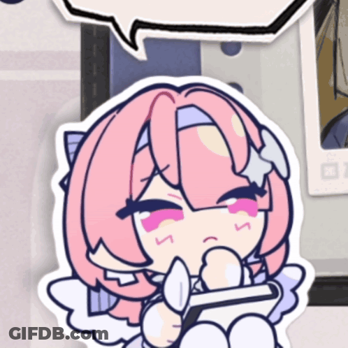 A Sticker Of A Girl With Pink Hair And White Gloves Holding A Cell Phone GIF