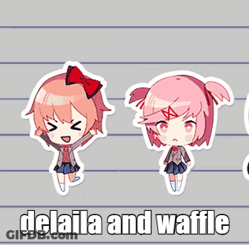 A Sticker Of A Girl With The Words " Delaila And Waffle " GIF